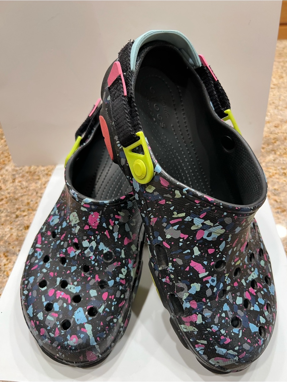 CROCS Men’s Black Splash Clogs with Pink, Blue & Lime Accents